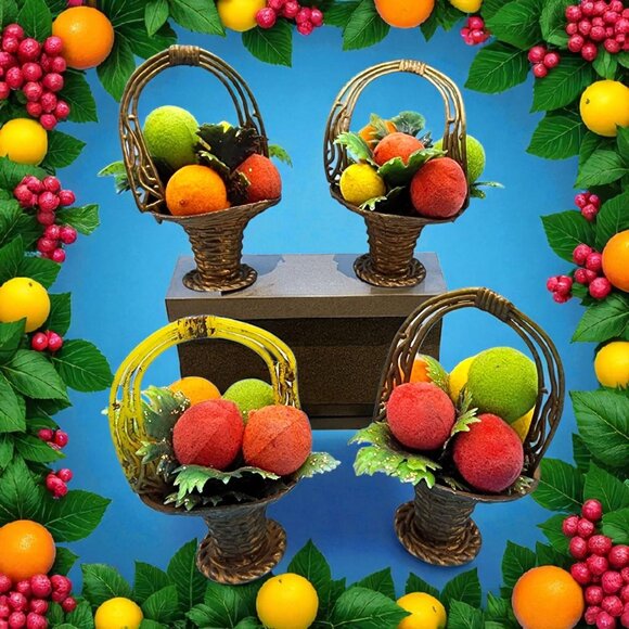 MCM Miniature Flocked Fruit Basket Ornaments Doubl Glo Hong Kong 70s Kitsch VTG - Picture 1 of 9